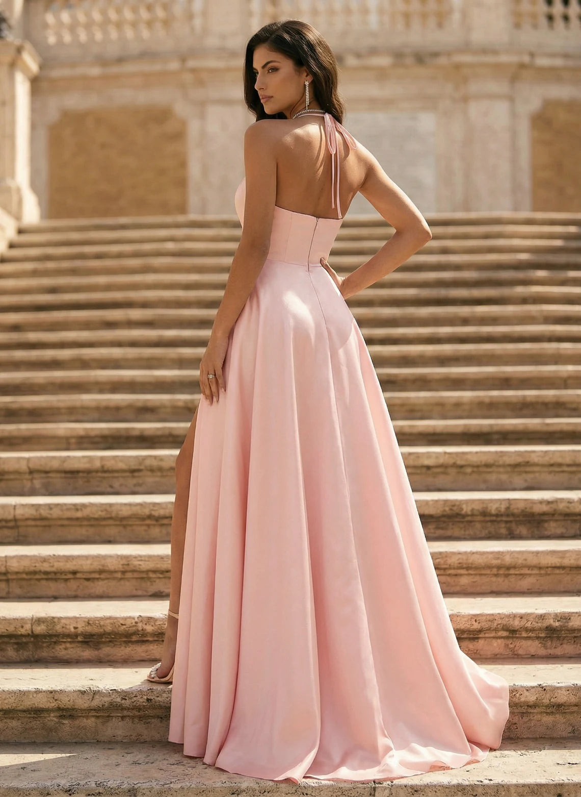 Elegant A-Line V-Neck Halter High Slit Blush Pink Floor-Length Prom Dress