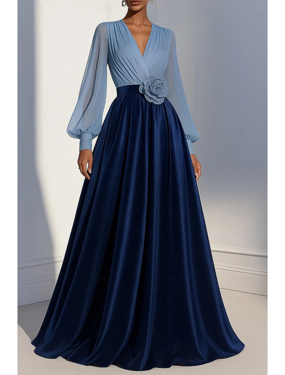 Elegant A-Line V-Neck Long Sleeve Draped Floral Blue Evening Gown