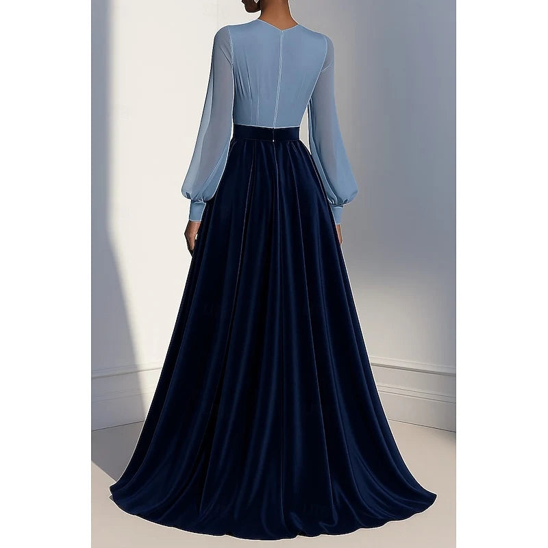 Elegant A-Line V-Neck Long Sleeve Draped Floral Blue Evening Gown