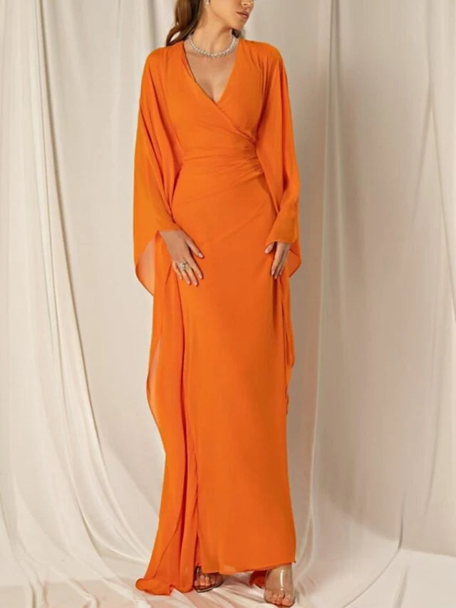 Elegant A-Line V-Neck Long Sleeve Draped Orange Floor-Length Prom Dresses Gown