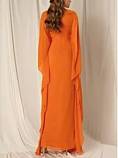 Elegant A-Line V-Neck Long Sleeve Draped Orange Floor-Length Prom Dresses Gown