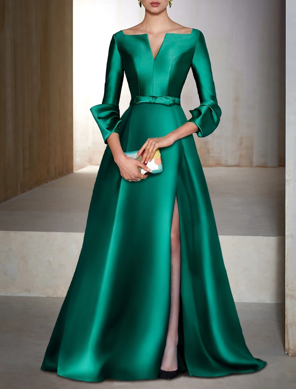 Elegant A-Line V-Neck Long Sleeve High Slit Emerald Green Evening Gown