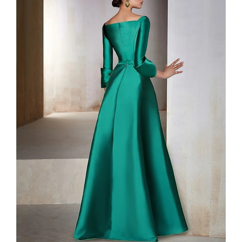 Elegant A-Line V-Neck Long Sleeve High Slit Emerald Green Evening Gown