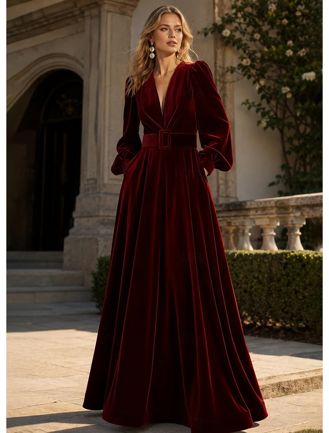 Elegant A-Line V-Neck Long Sleeve Puffed Belted Burgundy Floor-Length Evening Gown