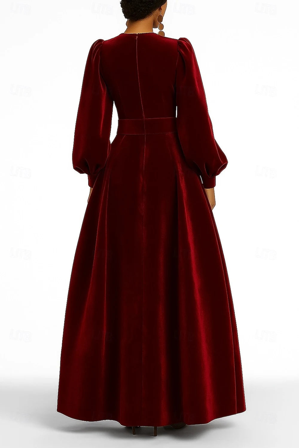 Elegant A-Line V-Neck Long Sleeve Puffed Belted Burgundy Floor-Length Evening Gown