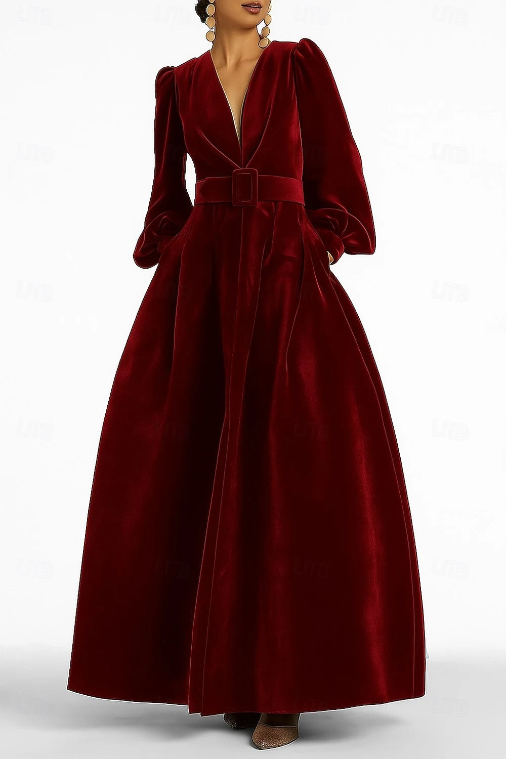 Elegant A-Line V-Neck Long Sleeve Puffed Belted Burgundy Floor-Length Evening Gown