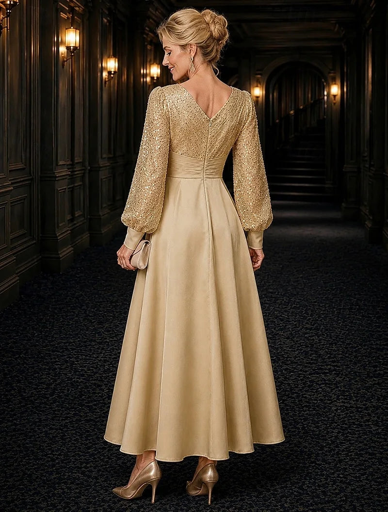 Elegant A-Line V-Neck Long Sleeve Sequin Gold Midi Evening Dress Women's Gown