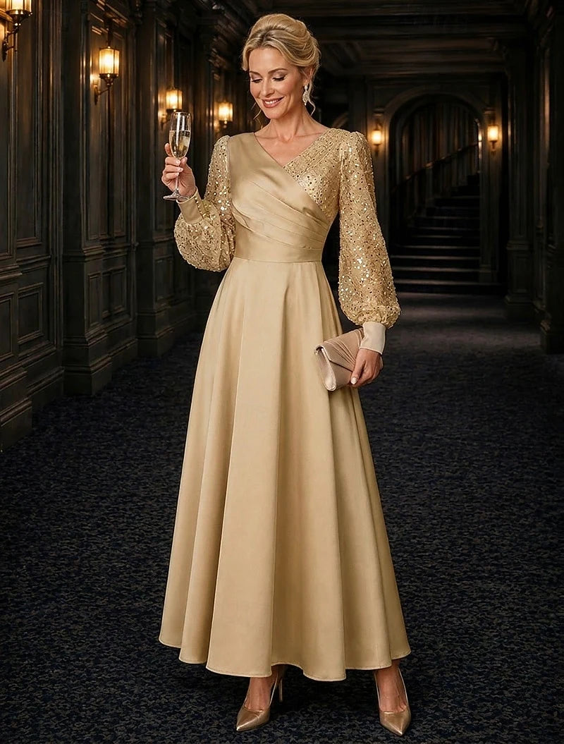 Elegant A-Line V-Neck Long Sleeve Sequin Gold Midi Evening Dress Women's Gown