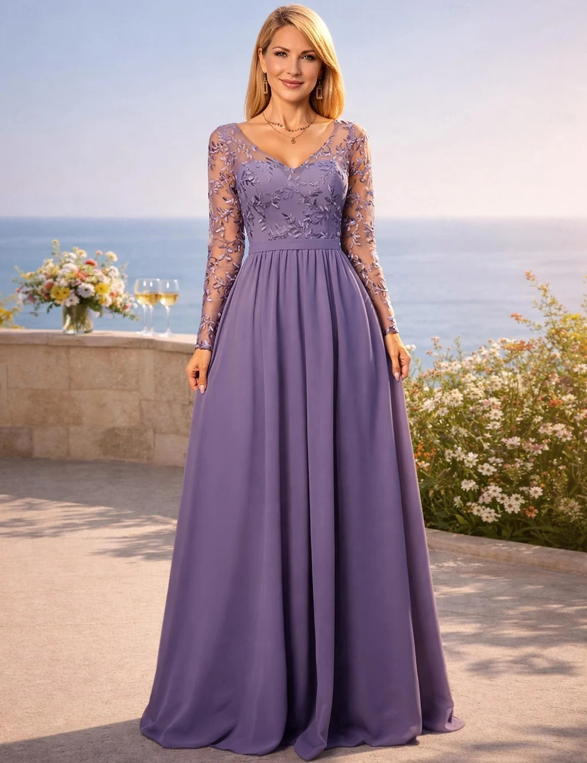 Elegant A-Line V-Neck Long Sleeves Embroidered Lavender Floor-Length Prom Dress