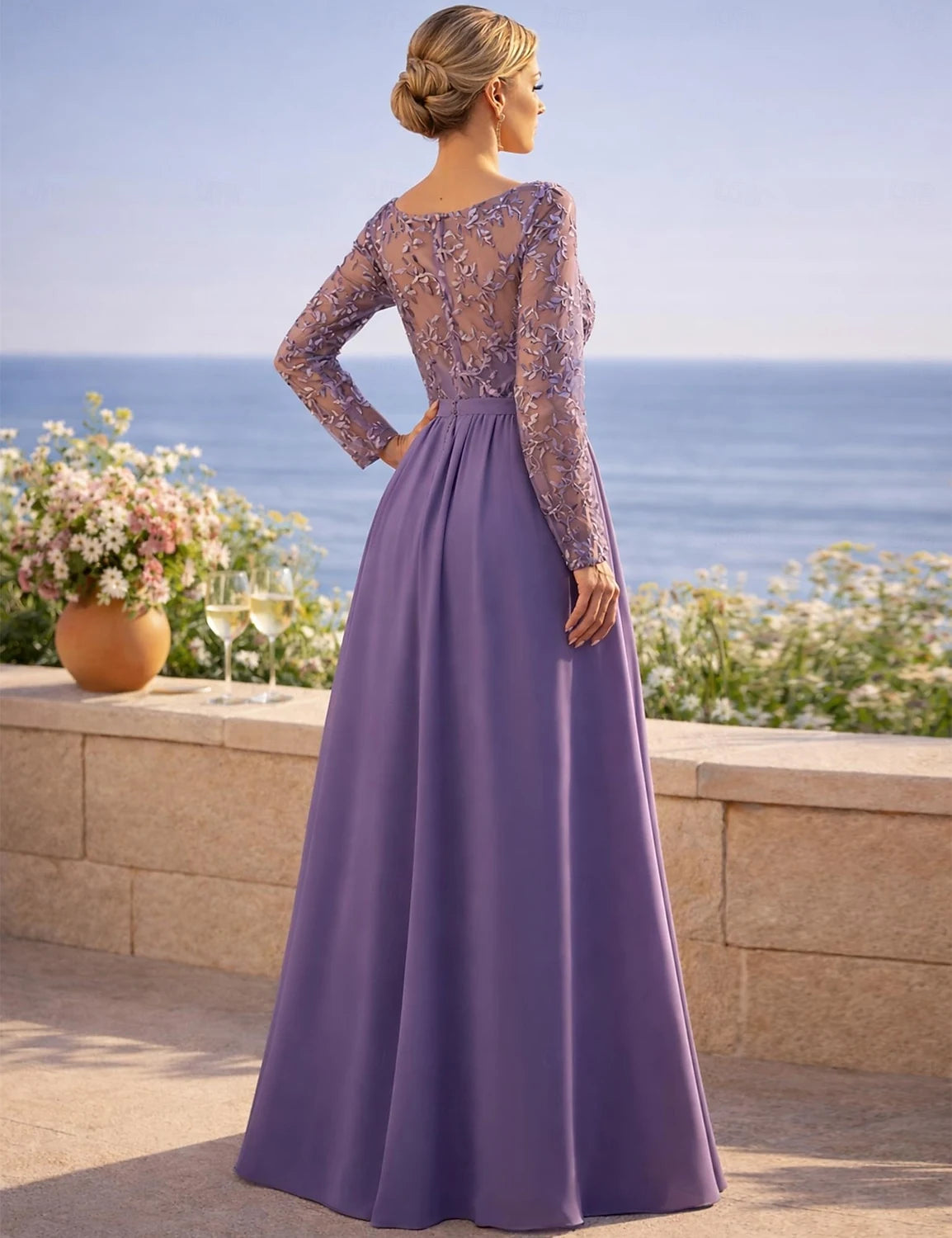 Elegant A-Line V-Neck Long Sleeves Embroidered Lavender Floor-Length Prom Dress