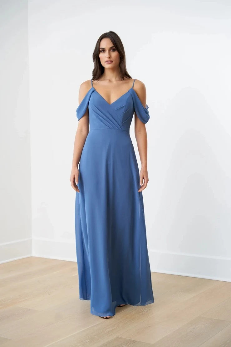 Elegant A-Line V-Neck Off-Shoulder Draped Dusty Blue Floor-Length Prom Dress Gown