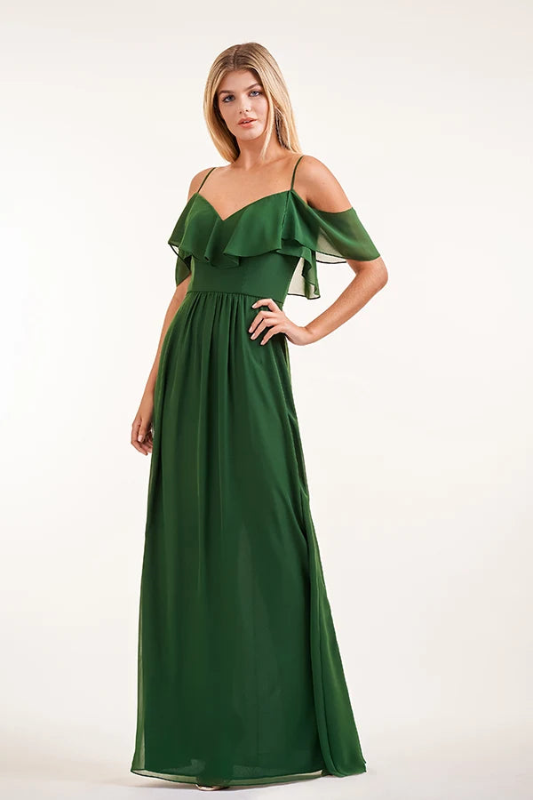 Elegant A-Line V-Neck Off-Shoulder Ruffled Dark Green Floor-Length Prom Dresses