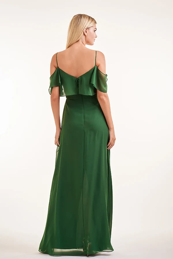 Elegant A-Line V-Neck Off-Shoulder Ruffled Dark Green Floor-Length Prom Dresses