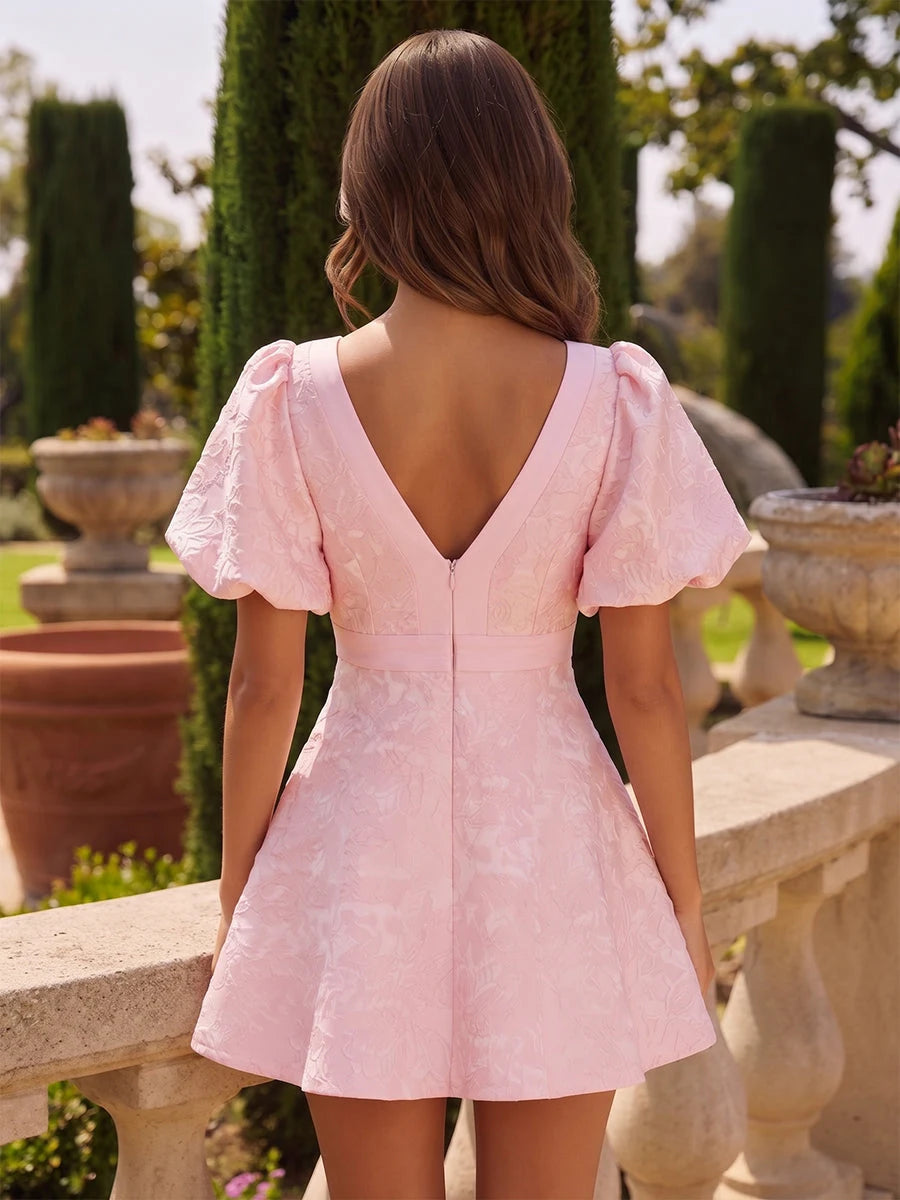 Elegant A-Line V-Neck Puffed Sleeve Pink Short Homecoming Dress For Women