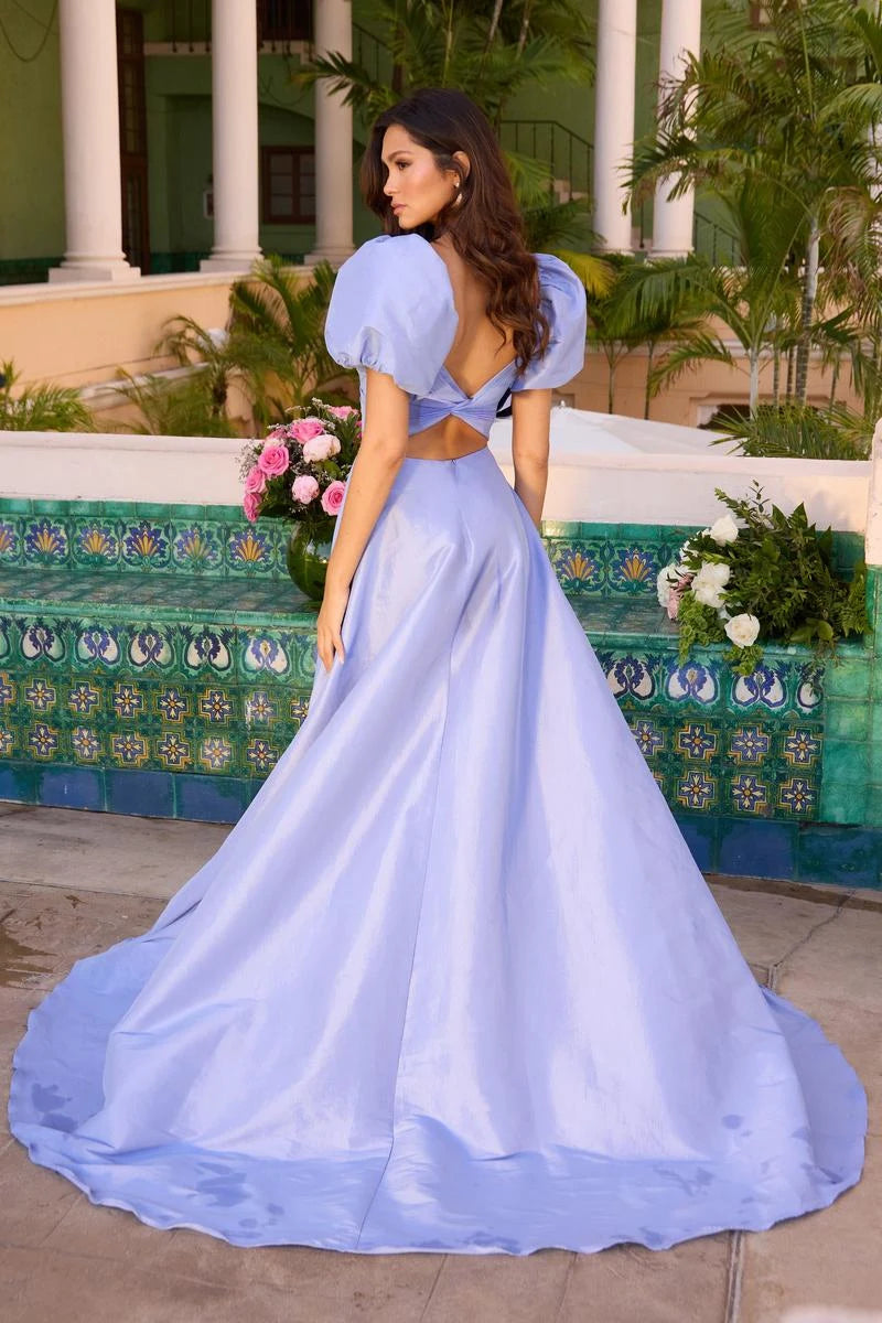 Elegant A-Line V-Neck Puffy Sleeves Open Back Lavender Floor-Length Prom Dress