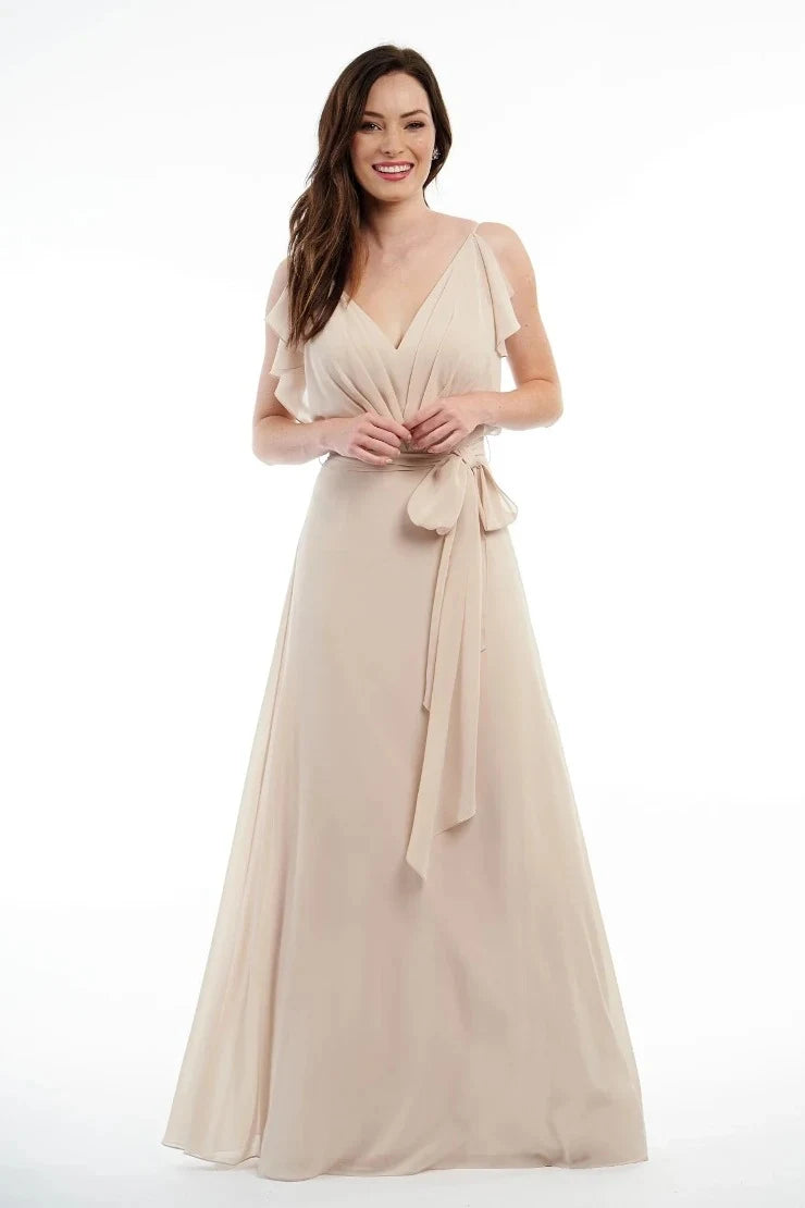 Elegant A-Line V-Neck Ruffled Empire Nude Beige Floor-Length Prom Dress Gown