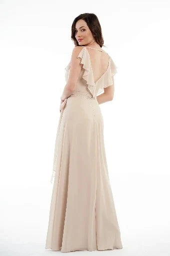 Elegant A-Line V-Neck Ruffled Empire Nude Beige Floor-Length Prom Dress Gown