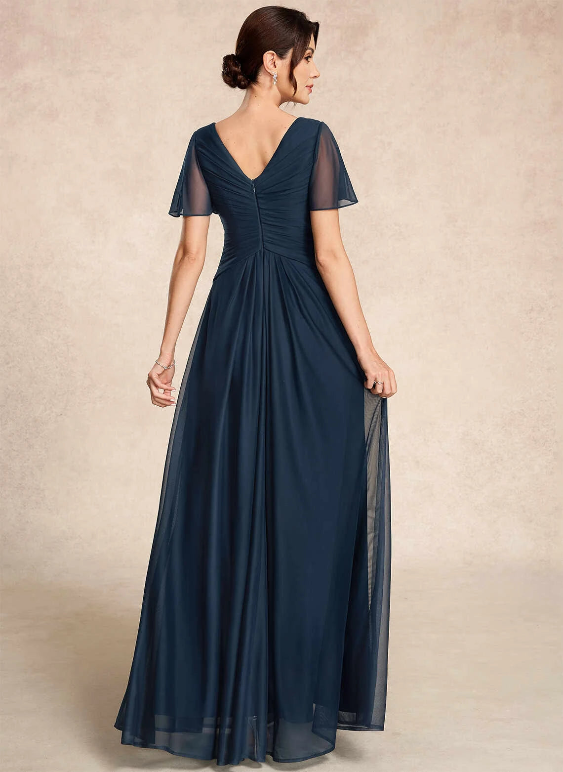 Elegant A-Line V-Neck Short-Sleeve Embroidered Ruched Navy Floor-Length Mother-Of-The-Bride Women Dress