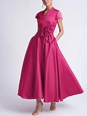 Elegant A-Line V-Neck Short Sleeve Bow Fuchsia Midi Prom Dress for Women