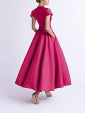 Elegant A-Line V-Neck Short Sleeve Bow Fuchsia Midi Prom Dress for Women