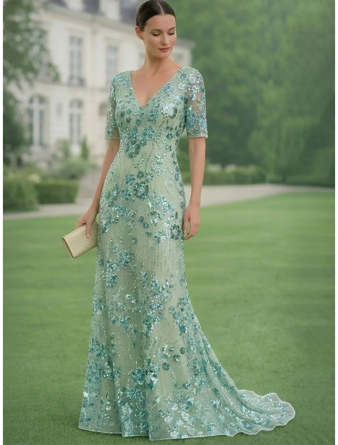 Elegant A-Line V-Neck Short Sleeve Sequin Mint Green Floor-Length Evening Dresses