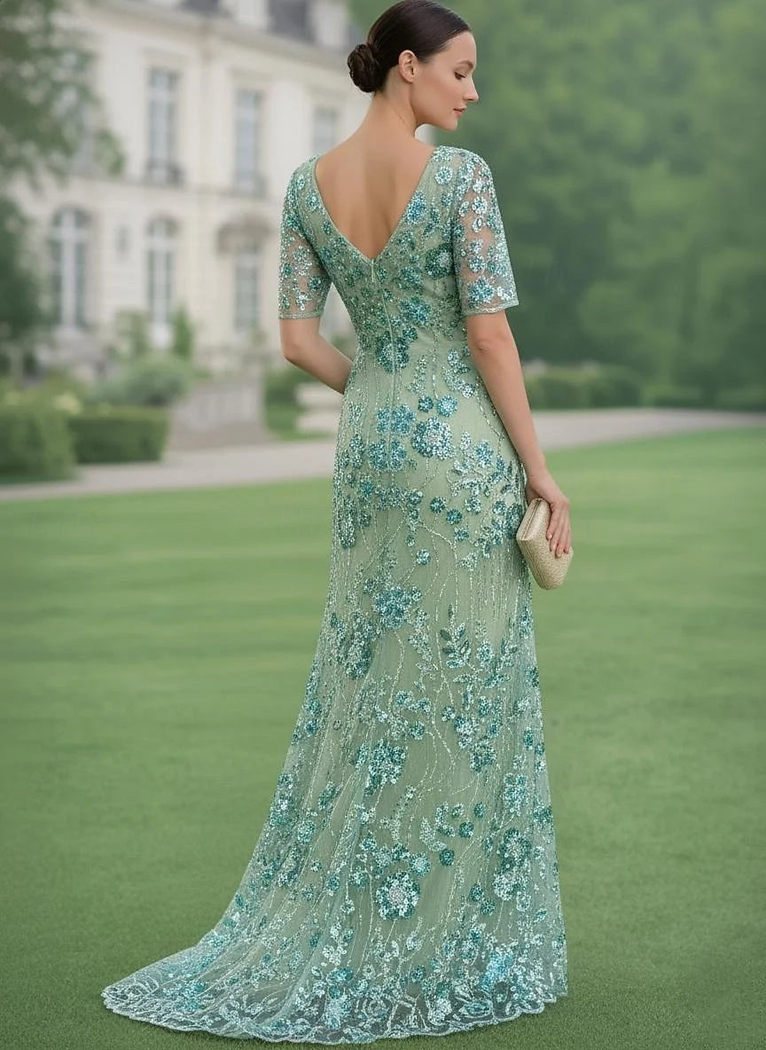 Elegant A-Line V-Neck Short Sleeve Sequin Mint Green Floor-Length Evening Dresses