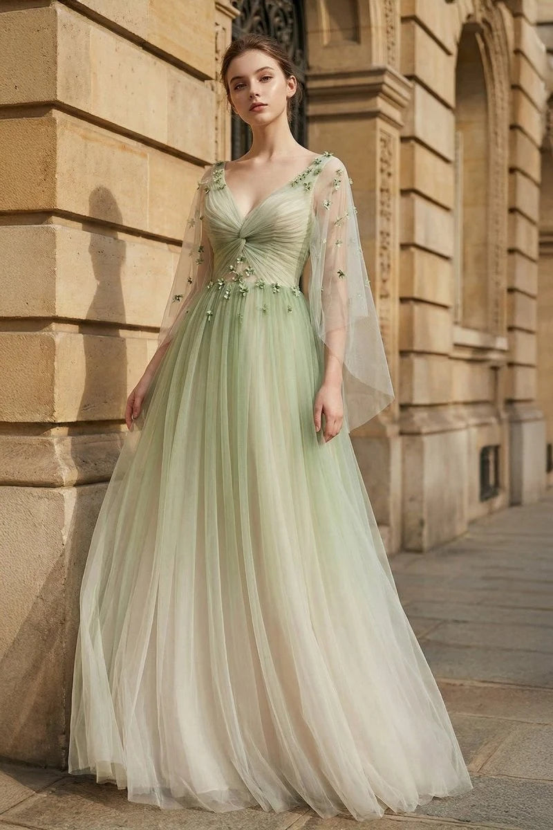 Elegant A-Line V-Neck Sleeved Pleated Floral Green Long Prom Dresses Women