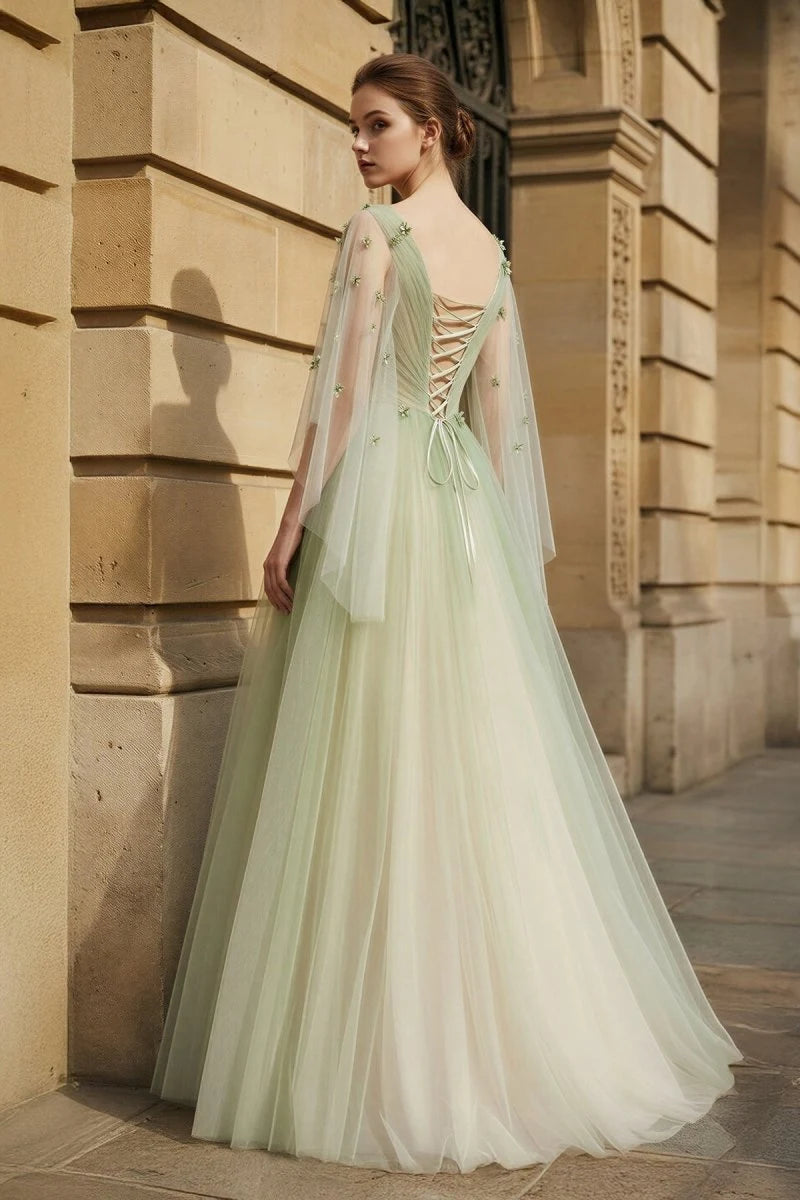 Elegant A-Line V-Neck Sleeved Pleated Floral Green Long Prom Dresses Women
