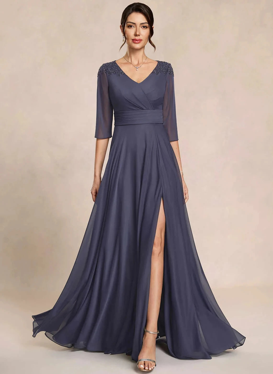 Elegant A-Line V-Neck Sleeved Pleated Slit Stormy Floor-Length Mother-Of-The-Bride Dress Women
