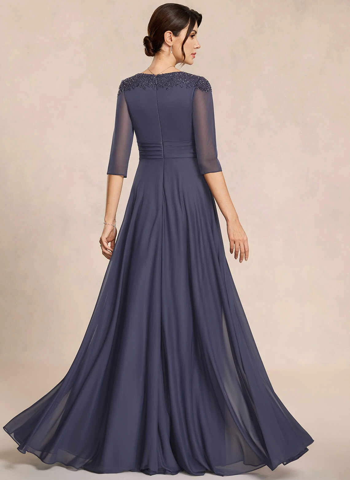 Elegant A-Line V-Neck Sleeved Pleated Slit Stormy Floor-Length Mother-Of-The-Bride Dress Women
