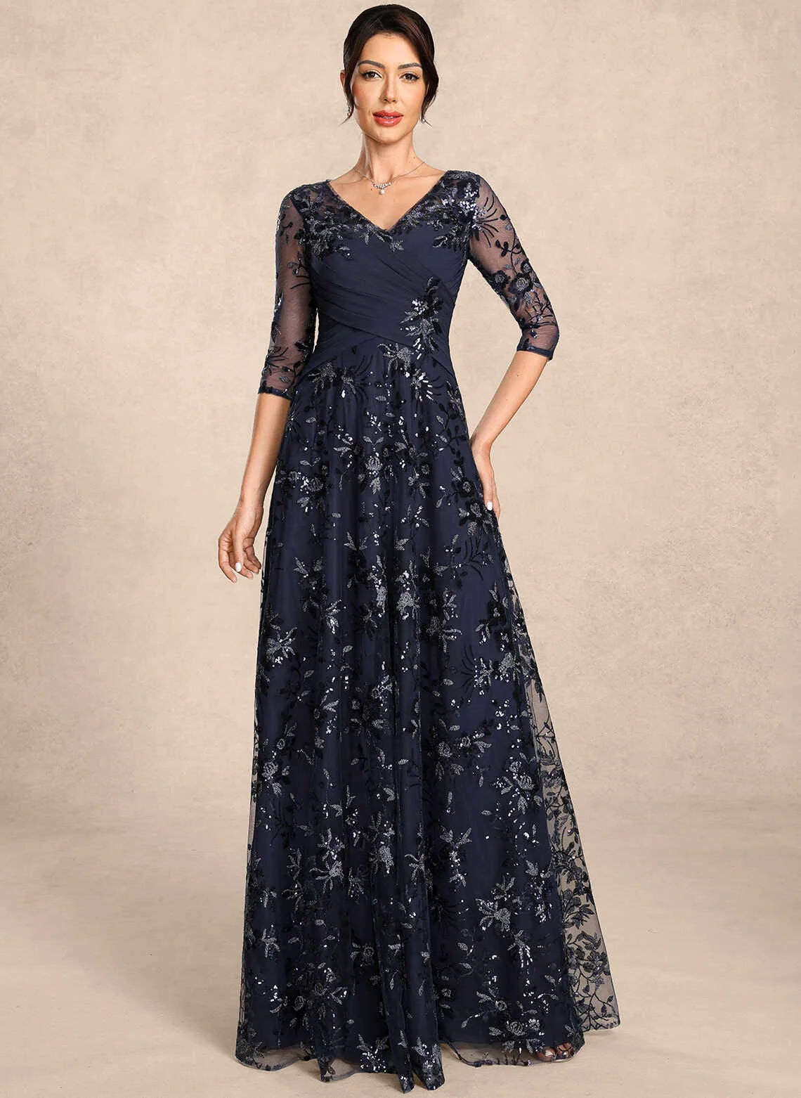 Elegant A-Line V-Neck Sleeved Sequin Embroidered Navy Long Mother-of-the-Bride Dress