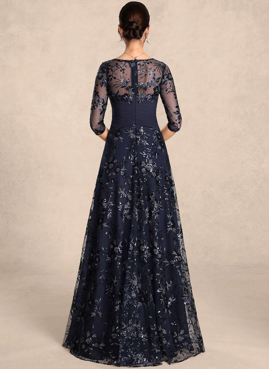 Elegant A-Line V-Neck Sleeved Sequin Embroidered Navy Long Mother-of-the-Bride Dress