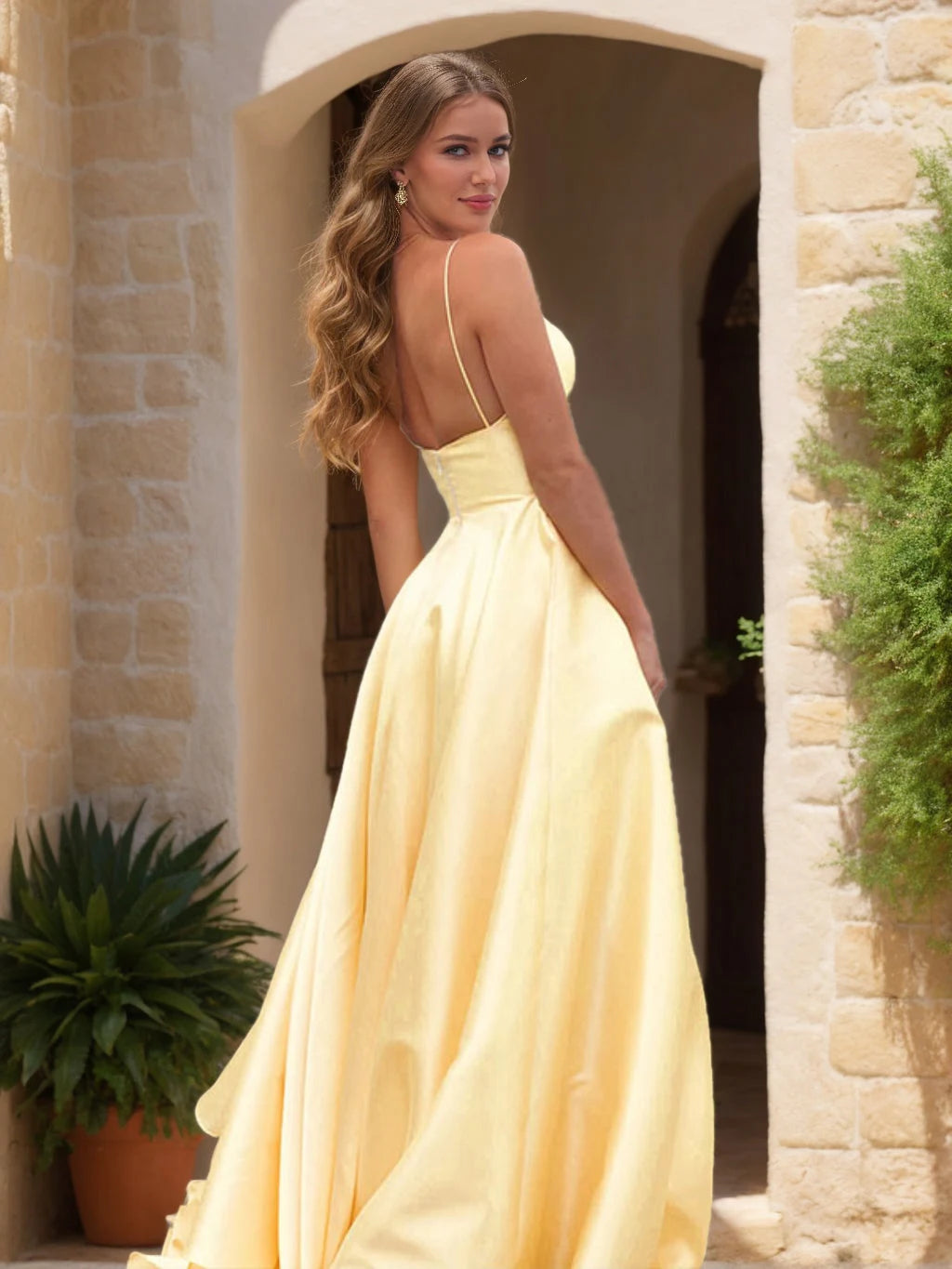 Elegant A-Line V-Neck Sleeveless Backless Chic Light Yellow Long Prom Gown