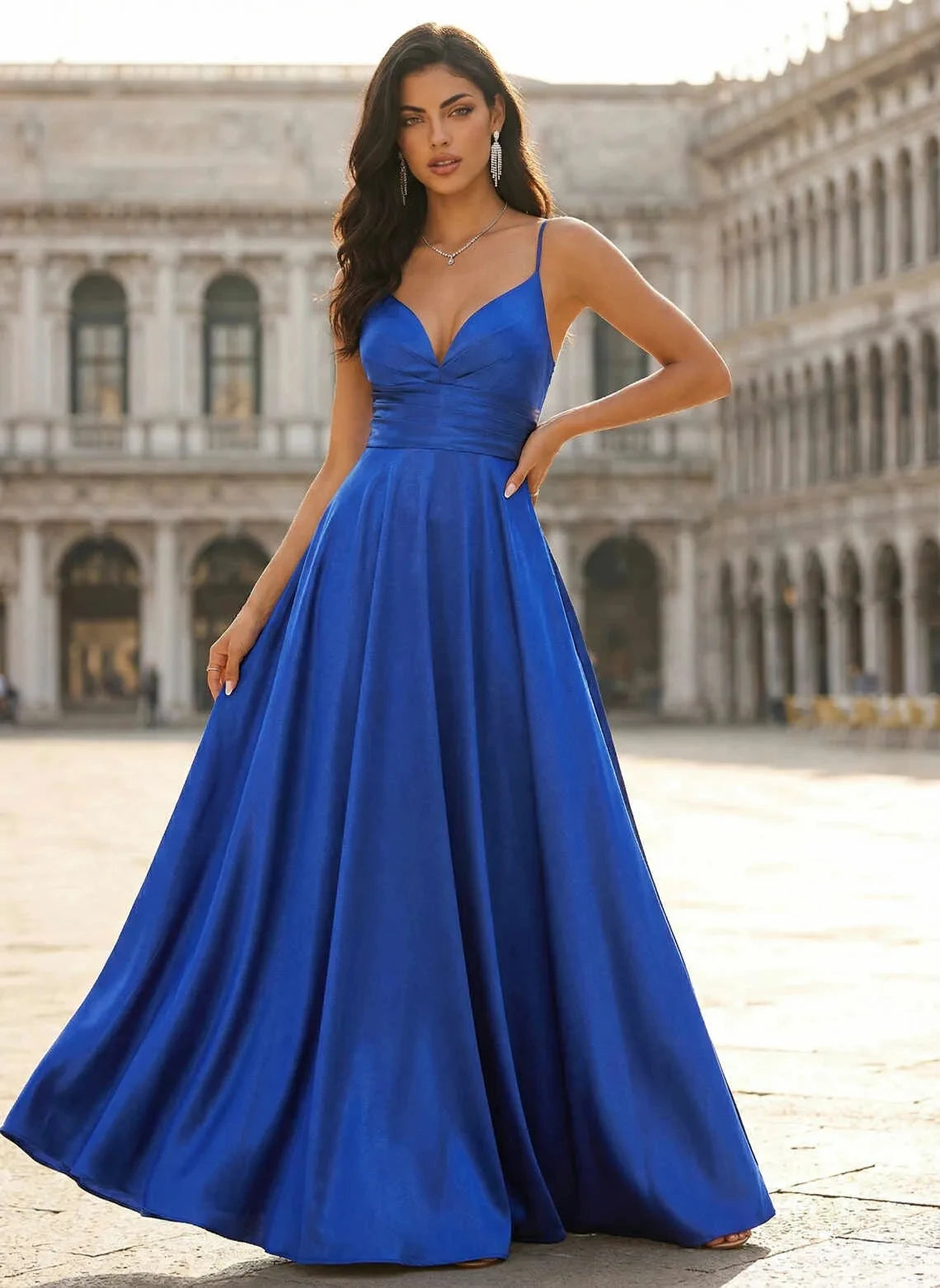 Elegant A-Line V-Neck Sleeveless Backless Royal Blue Floor-Length Prom Dress