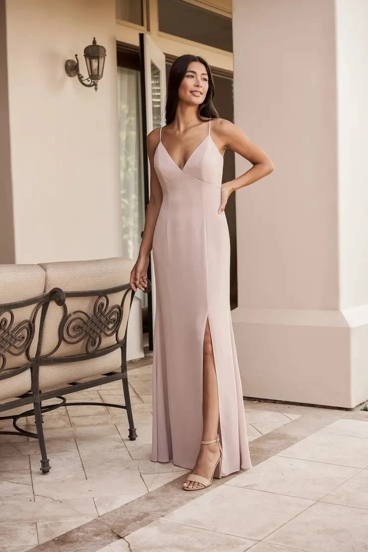 Elegant A-Line V-Neck Sleeveless Backless Slit Dusty Rose Floor-Length Prom Dress