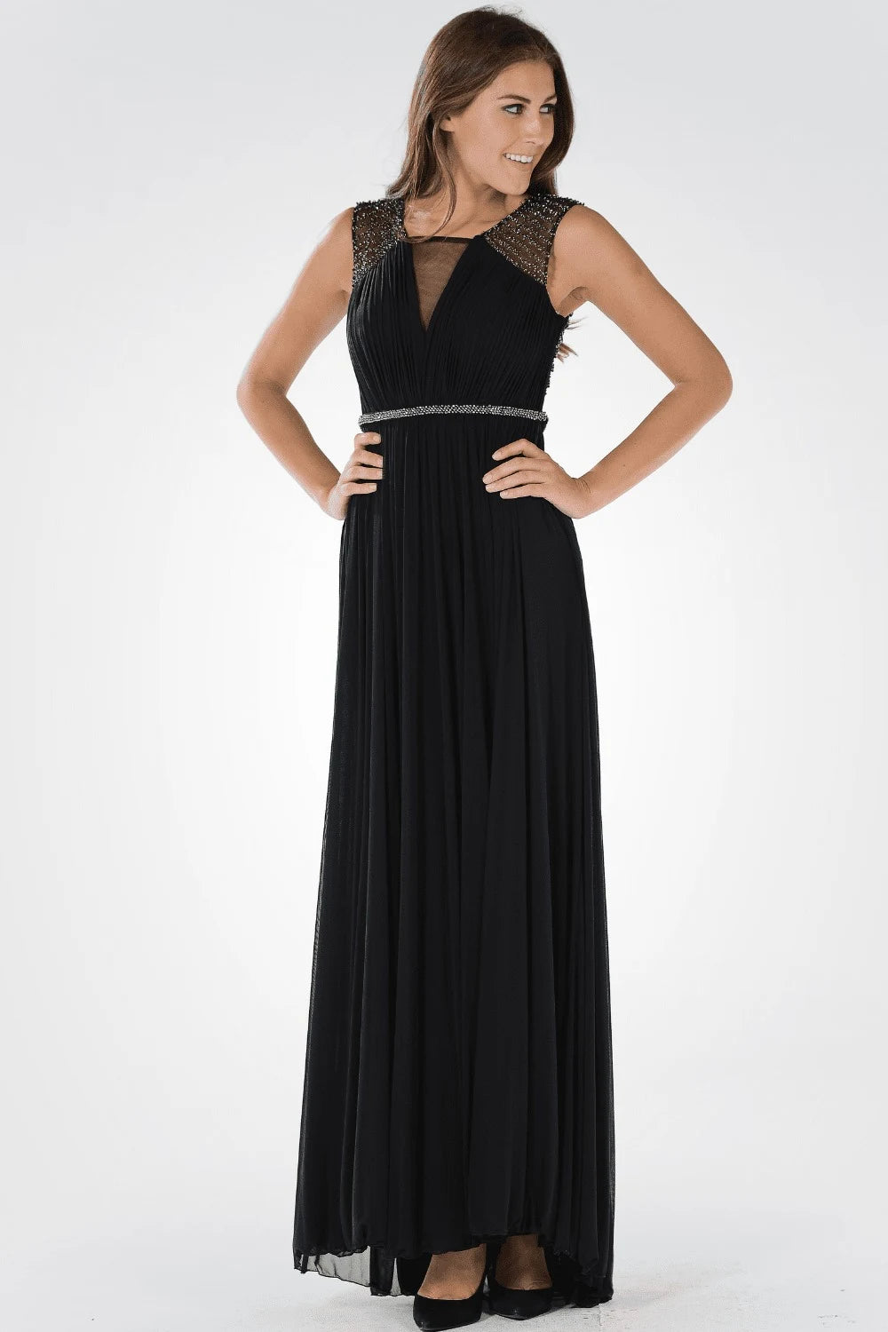 Elegant A-Line V-Neck Sleeveless Beaded Keyhole Black Floor-Length Prom Dresses Women's Gown