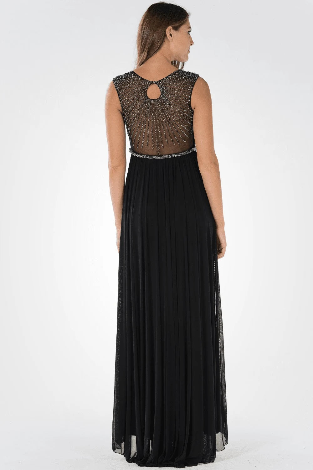 Elegant A-Line V-Neck Sleeveless Beaded Keyhole Black Floor-Length Prom Dresses Women's Gown