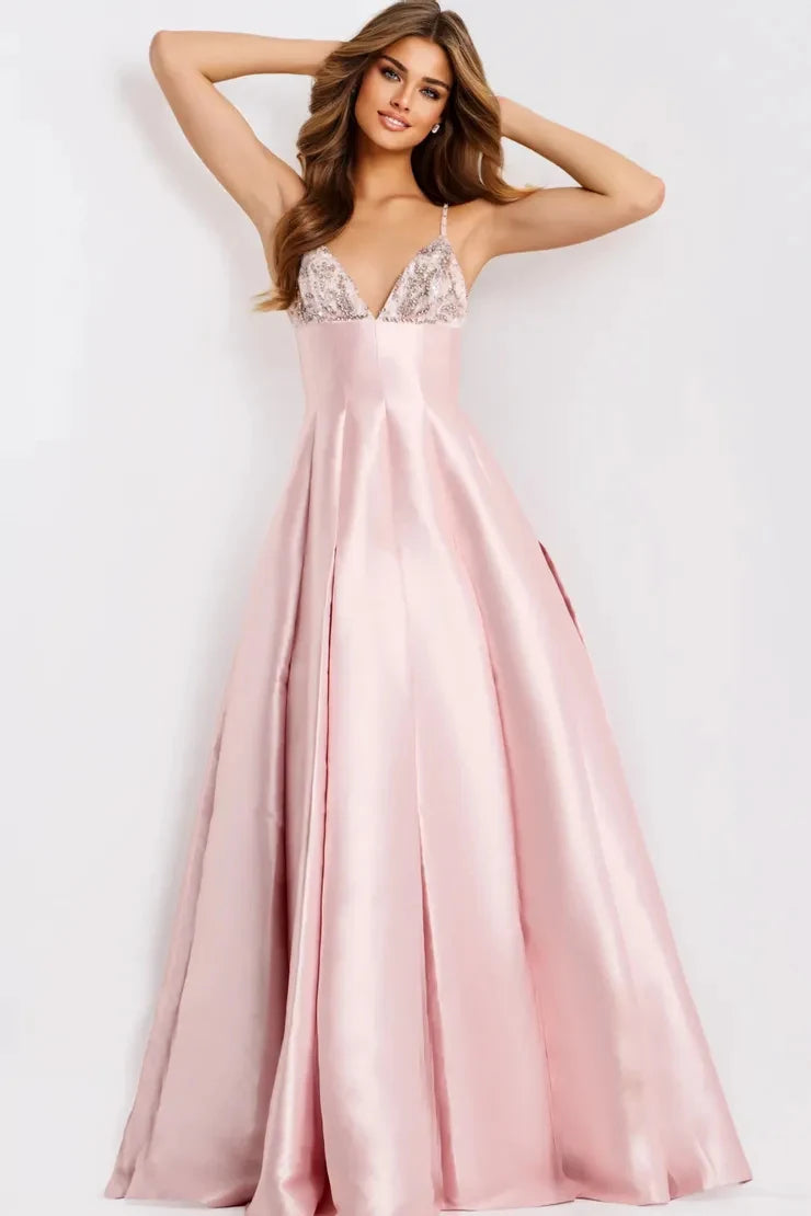 Elegant A-Line V-Neck Sleeveless Beaded Pleated Pink Long Prom Dresses Women