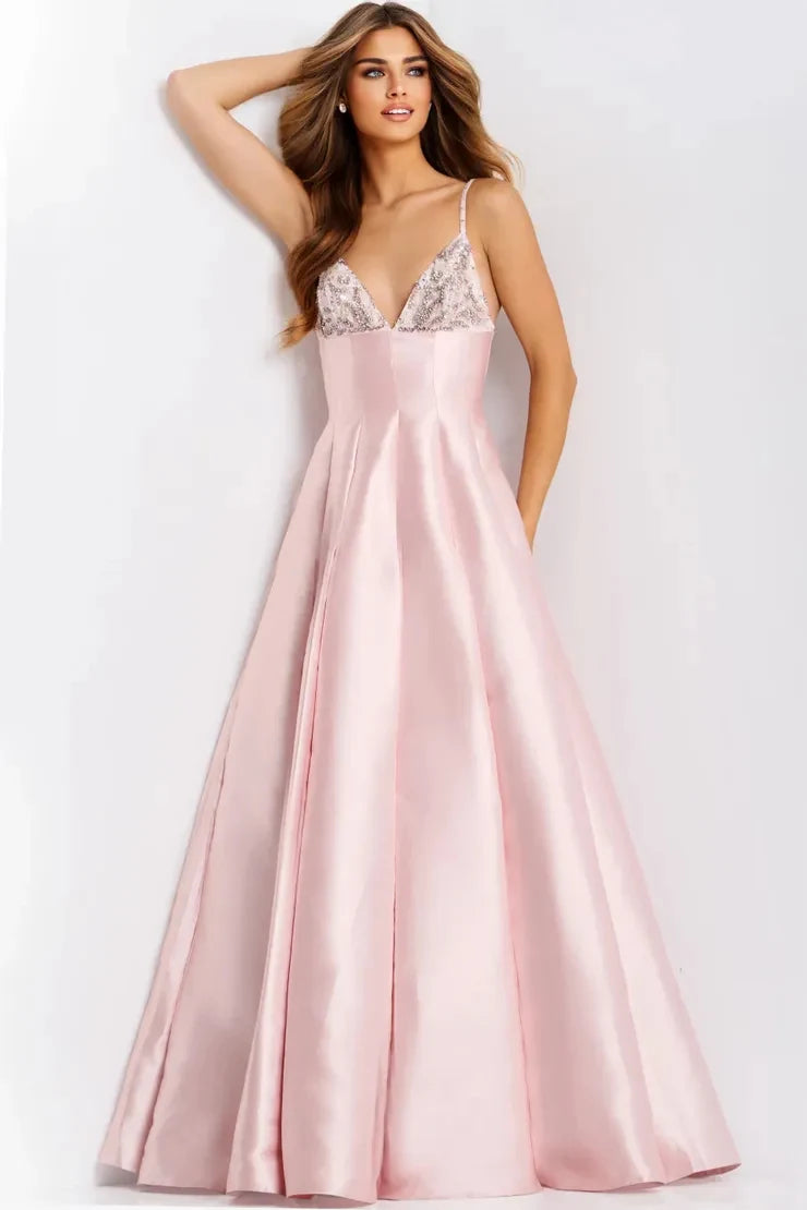 Elegant A-Line V-Neck Sleeveless Beaded Pleated Pink Long Prom Dresses Women
