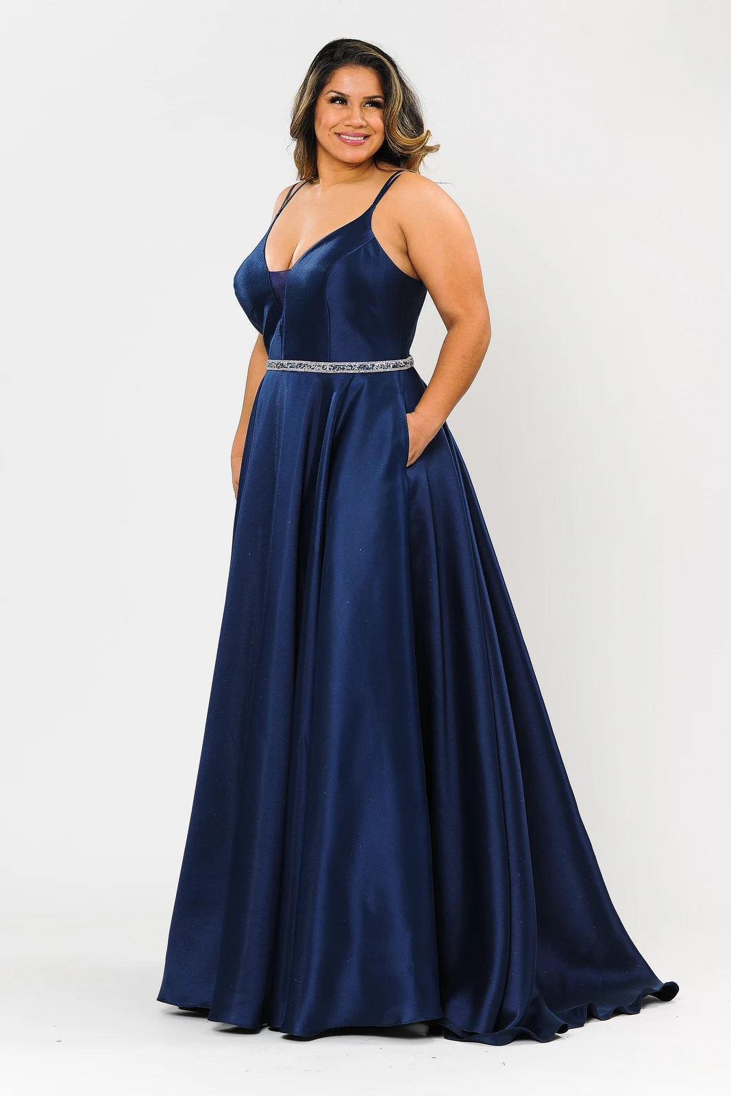 Elegant A-Line V-Neck Sleeveless Beaded Pocketed Navy Floor-Length Prom Gown