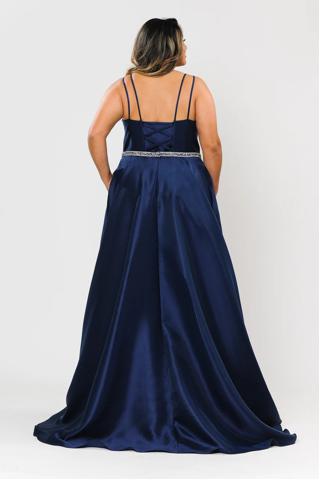 Elegant A-Line V-Neck Sleeveless Beaded Pocketed Navy Floor-Length Prom Gown