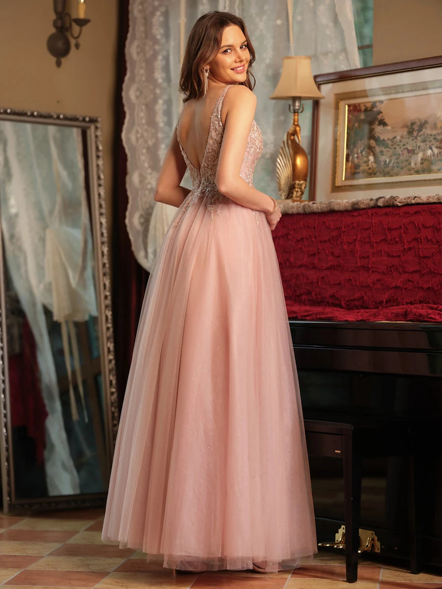 Elegant A-Line V-Neck Sleeveless Beaded Slit Blush Pink Floor-Length Prom Gown