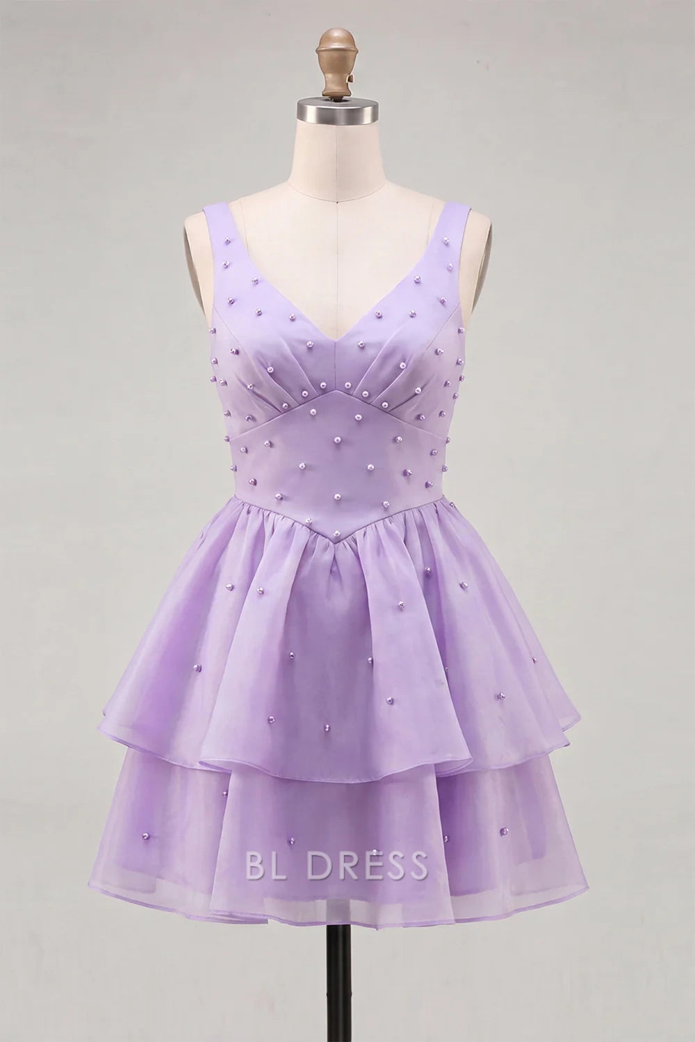 Elegant A-Line V-Neck Sleeveless Beaded Tiered Lilac Short Homecoming Dress