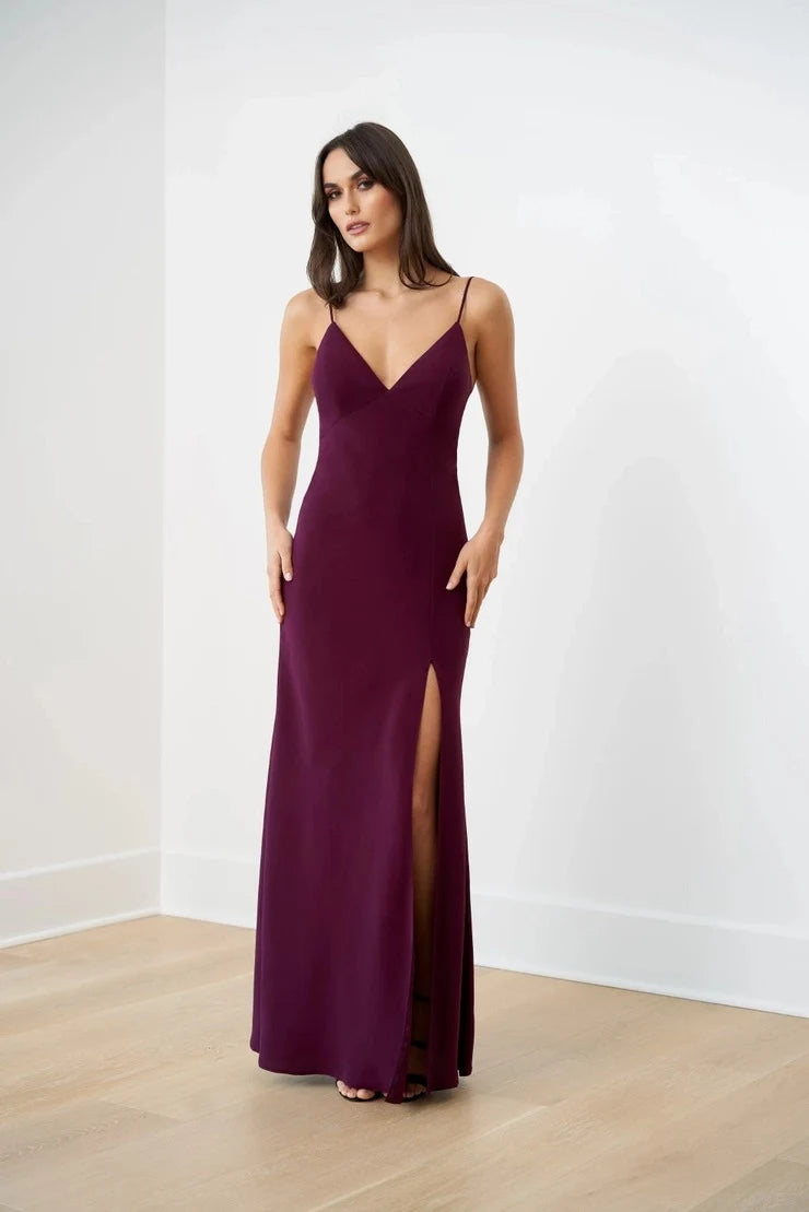 Elegant A-Line V-Neck Sleeveless Bow Back Deep Plum Floor-Length Prom Gown