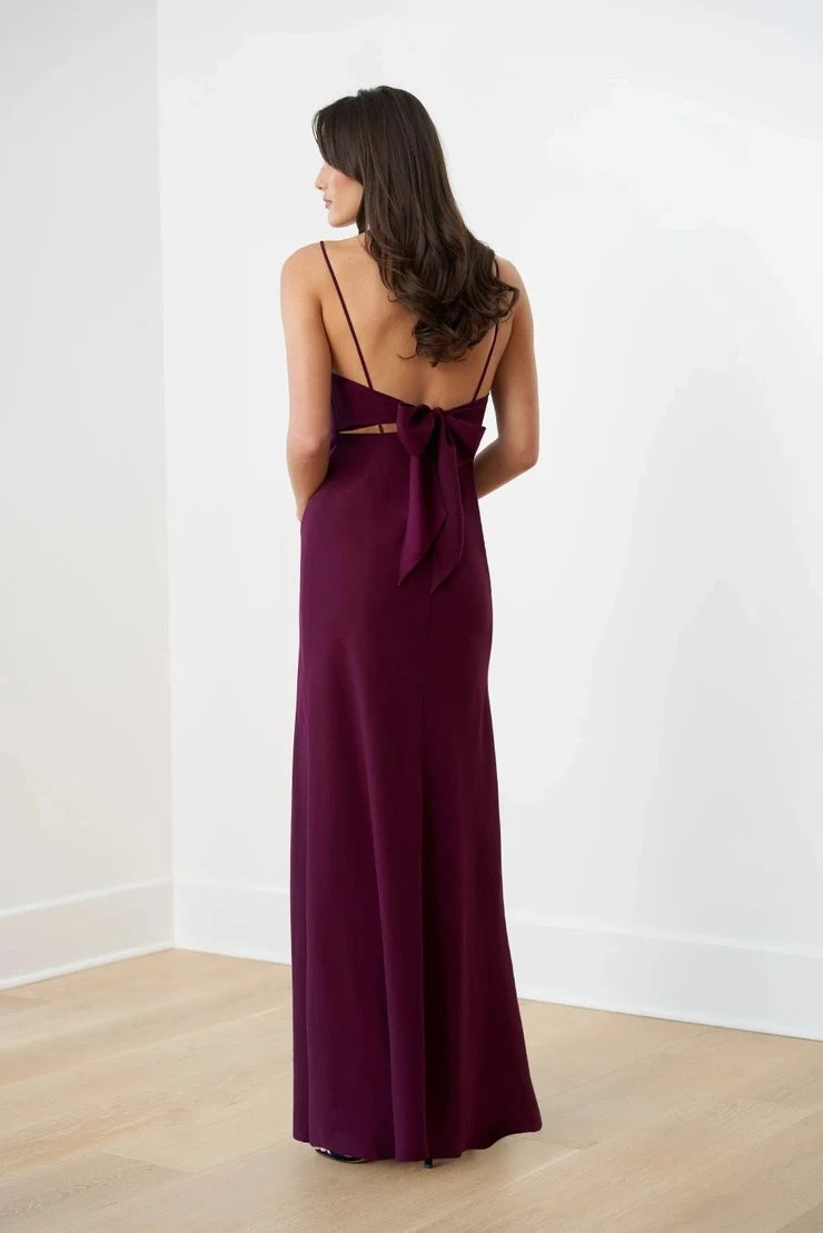 Elegant A-Line V-Neck Sleeveless Bow Back Deep Plum Floor-Length Prom Gown