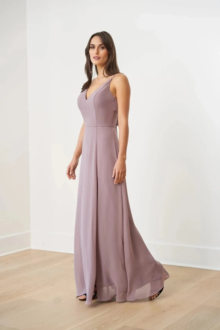Elegant A-Line V-Neck Sleeveless Bow Back Mauve Floor-Length Prom Gown