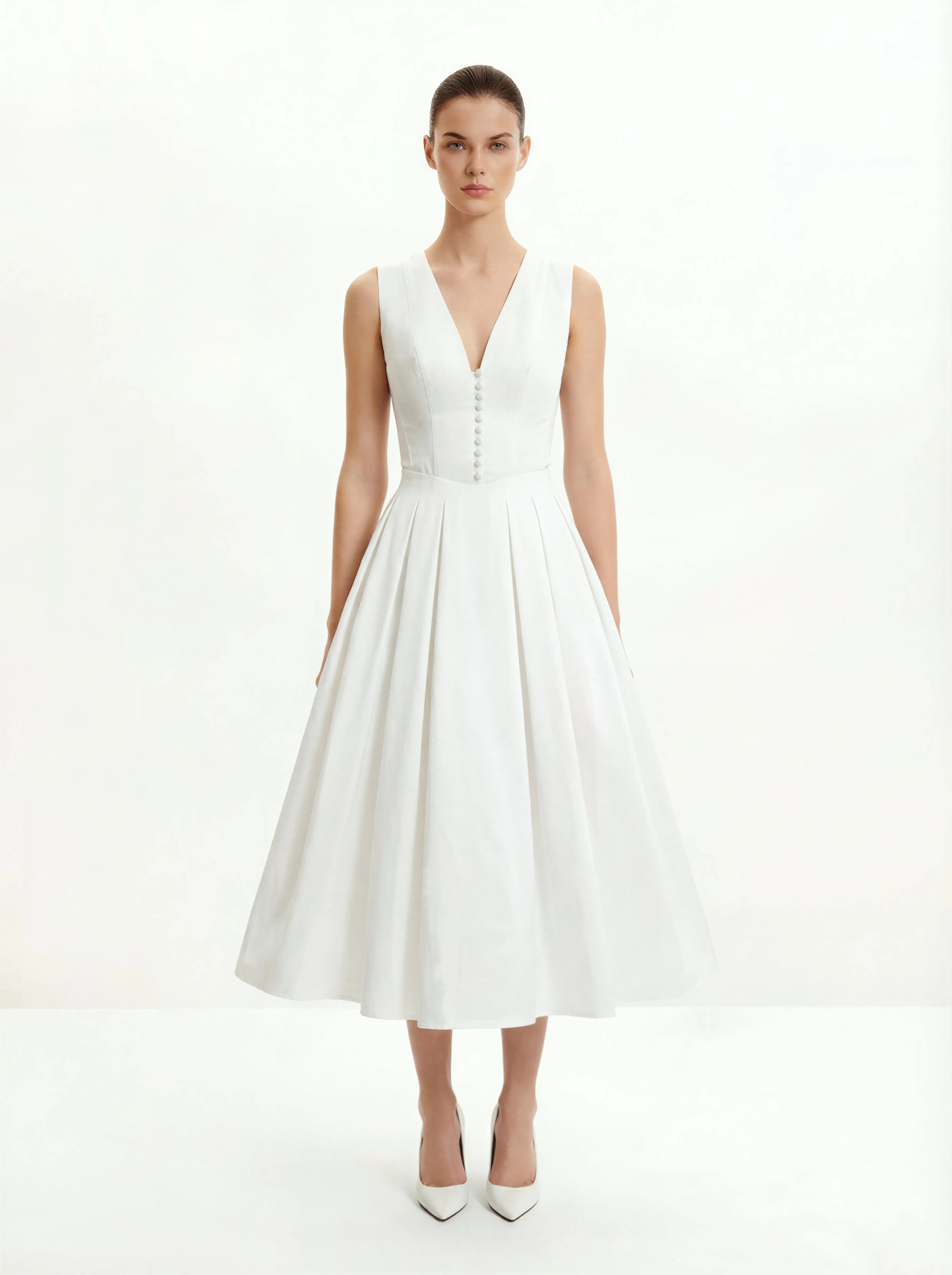 Elegant A-Line V-Neck Sleeveless Chic Sophisticated White Midi Prom Dresses Women's Gown