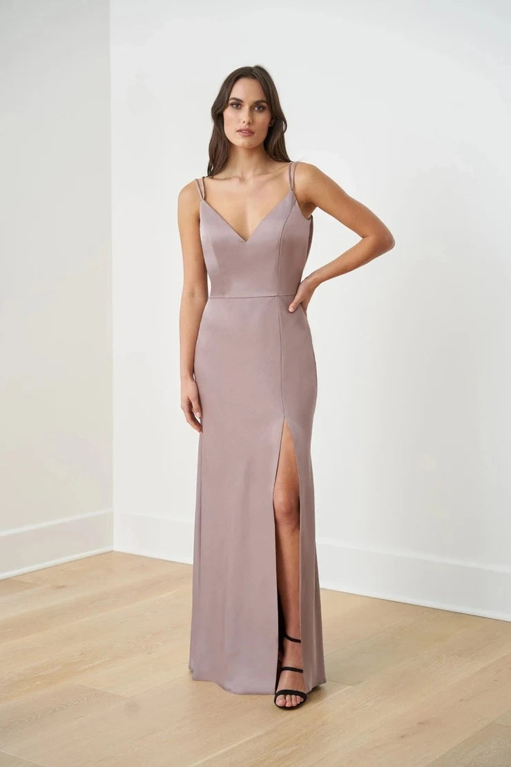 Elegant A-Line V-Neck Sleeveless Draped Back Mauve Prom Gown