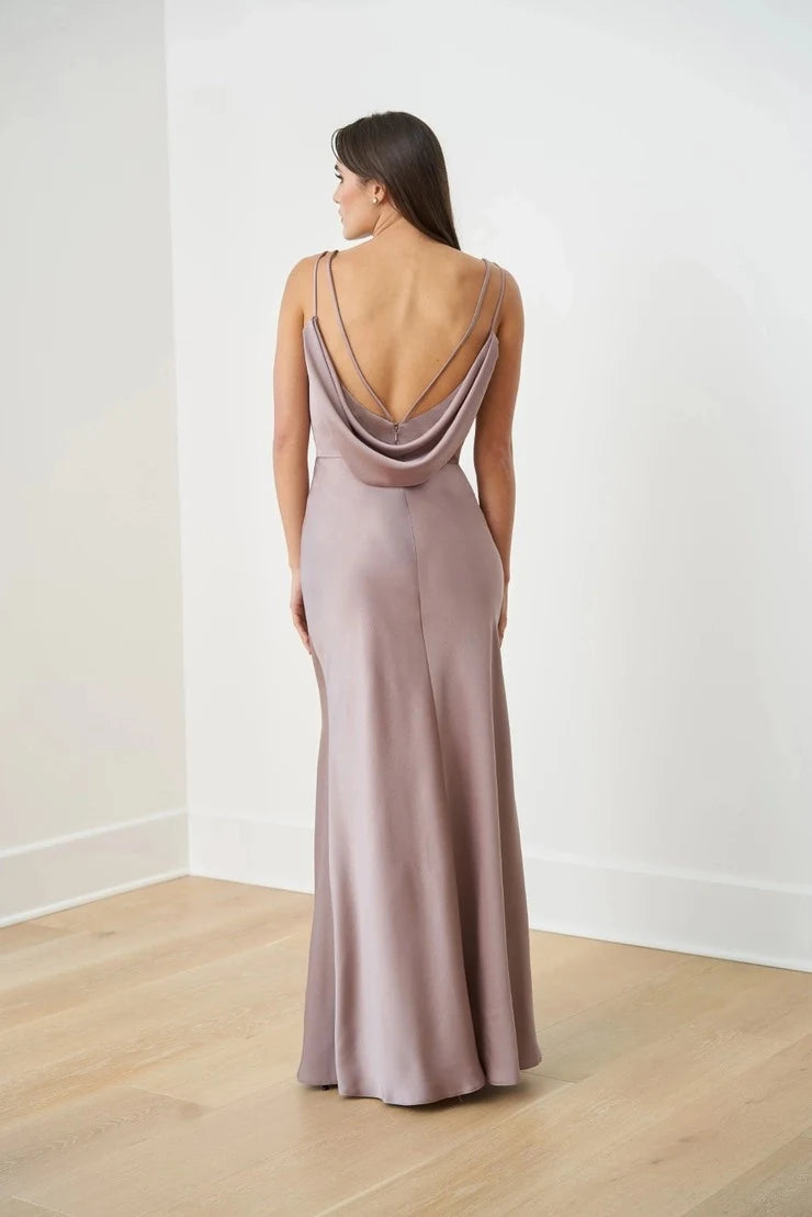 Elegant A-Line V-Neck Sleeveless Draped Back Mauve Prom Gown