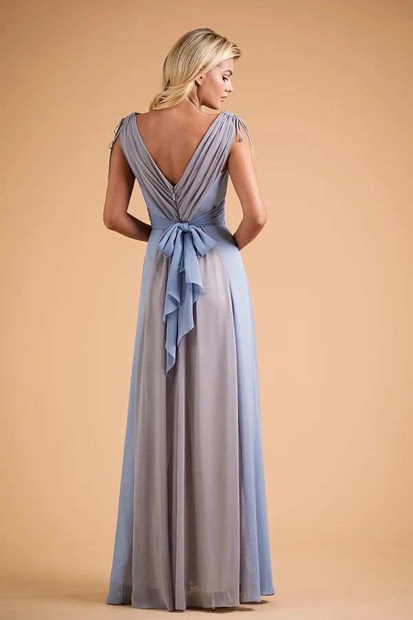 Elegant A-Line V-Neck Sleeveless Draped Bow-Back Dusty Blue Floor-Length Prom Gown
